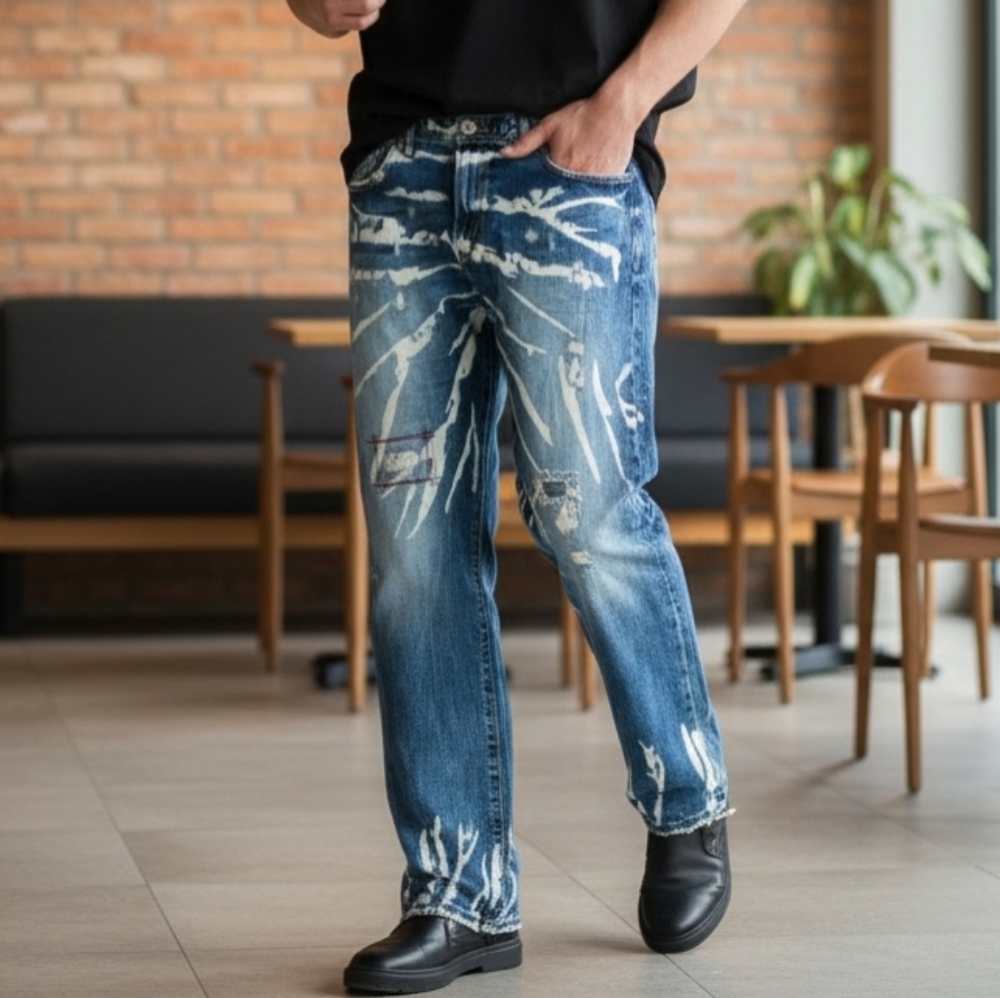 Akoo Empire Men's Jeans Acid-wash White Paint Splatter Design size 40 x 33